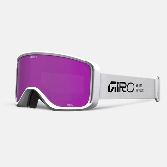 White ski goggles with purple lenses on a light gray background