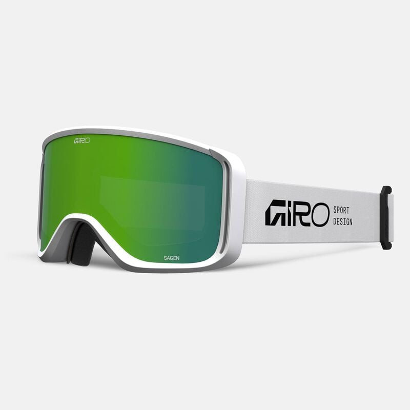 Load image into Gallery viewer, White ski goggles with green lens on a light gray background
