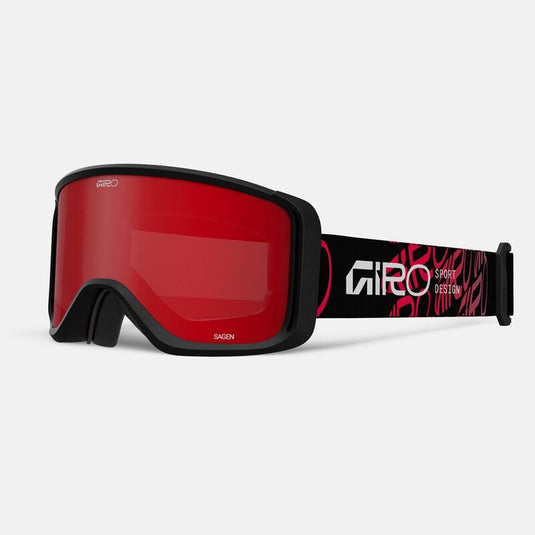 Red ski goggles with black frame and colorful Giro logo on a white background