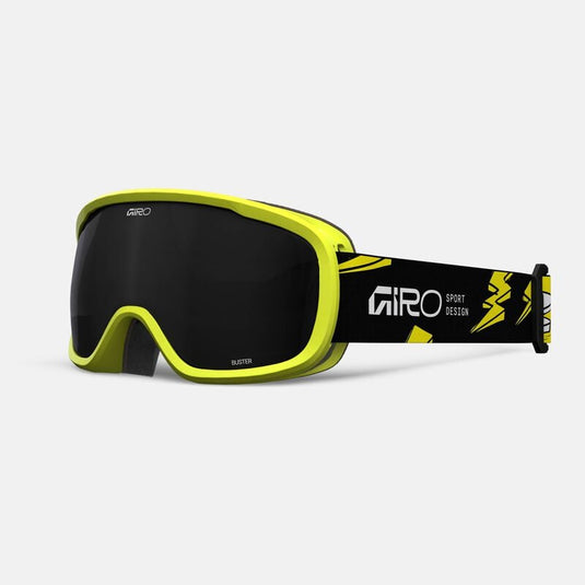 Giro ski goggles with yellow frame and black lens on a white background