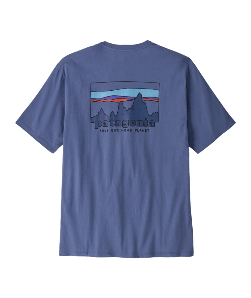 Load image into Gallery viewer, Blue t-shirt with Patagonia logo and mountain graphic on a transparent background
