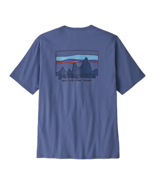 Blue t-shirt with Patagonia logo and mountain graphic on a transparent background