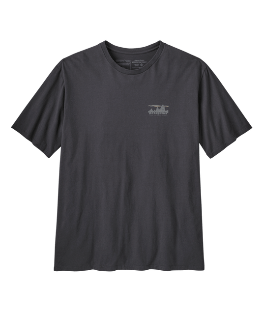 Dark gray t-shirt with a small logo on a transparent background