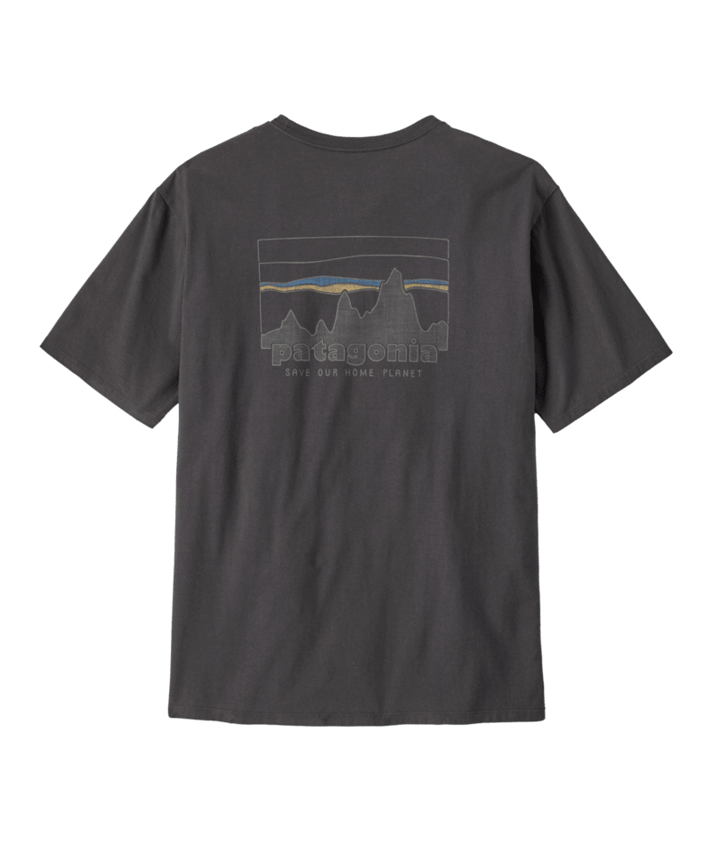 Load image into Gallery viewer, Black t-shirt with mountain graphic and Patagonia logo on a transparent background
