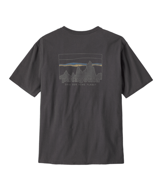 Black t-shirt with mountain graphic and Patagonia logo on a transparent background