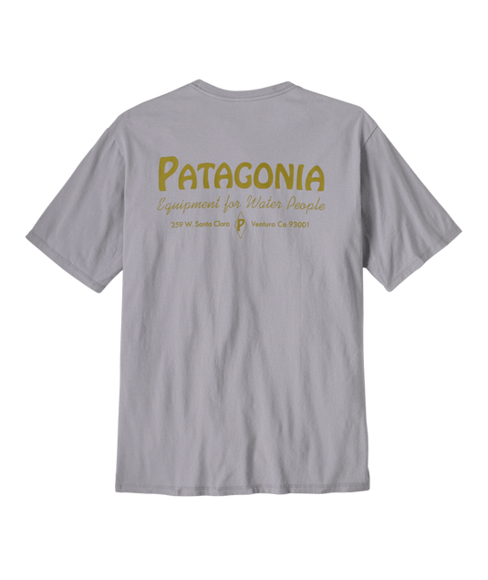 Gray t-shirt with Patagonia logo and text on the back against a transparent background