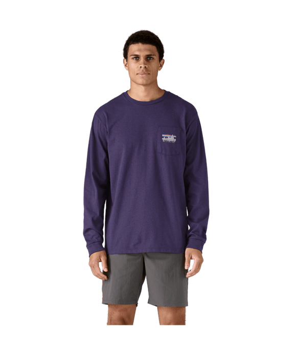 Man wearing a purple long-sleeve shirt with a logo on a transparent background