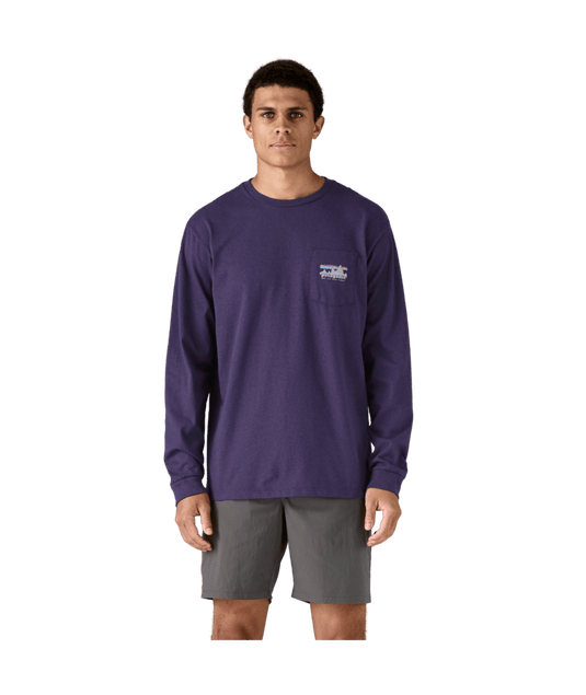 Man wearing a purple long-sleeve shirt with a logo on a transparent background