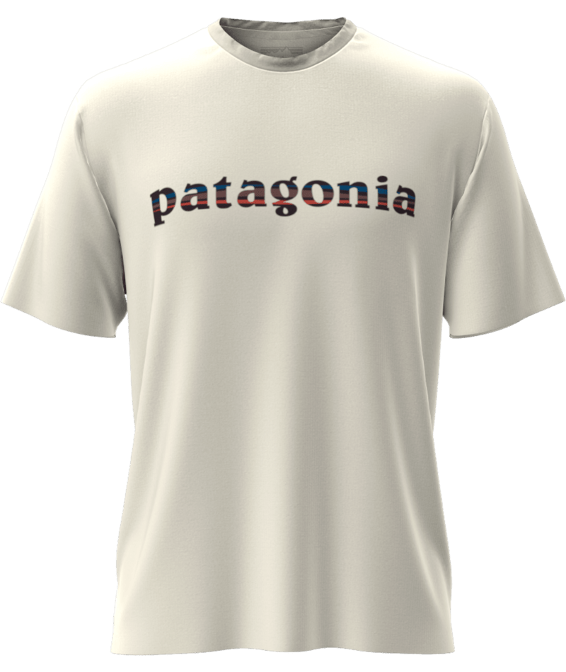 Load image into Gallery viewer, White t-shirt with Patagonia logo on a transparent background
