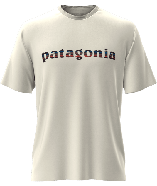 White t-shirt with Patagonia logo on a transparent background