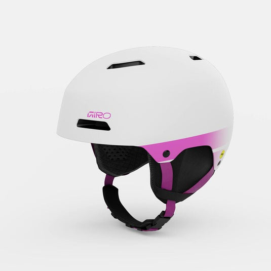 White helmet with pink accents and Giro logo on a white background