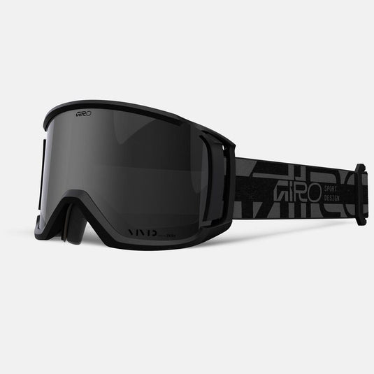 Black ski goggles with a Giro logo on a white background