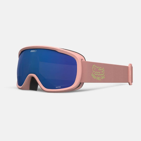 Pink goggles with blue lenses on a white background