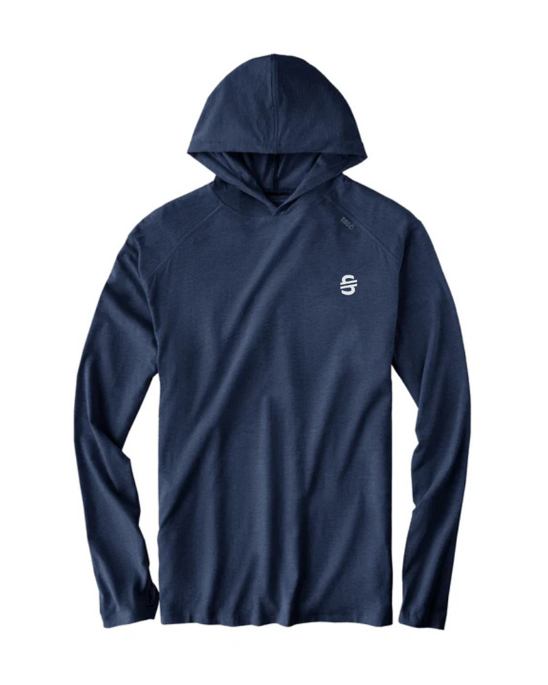 Load image into Gallery viewer, Navy blue hoodie with a small logo on a white background
