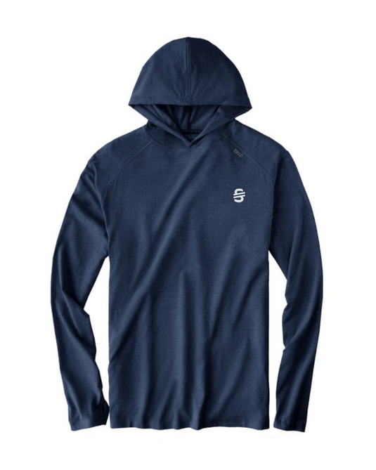 Navy blue hoodie with a small logo on a white background