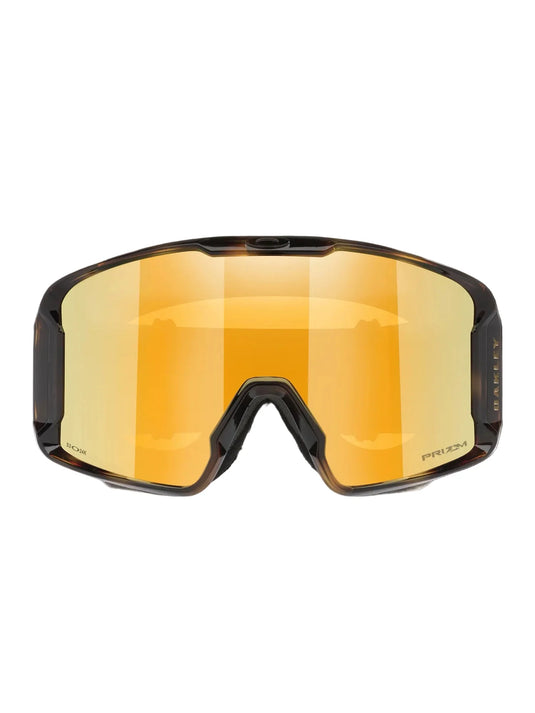 Oakley ski goggles with a large curved shield lens in a reflective gold-orange gradient, set against a solid white background.