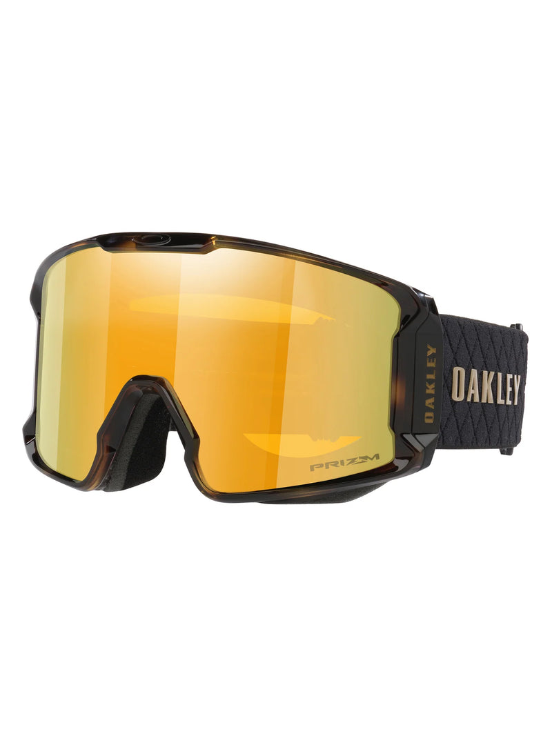 Load image into Gallery viewer, Oakley ski goggles with a large orange-yellow mirrored lens, a black frame, and a black textured strap with gold Oakley branding.
