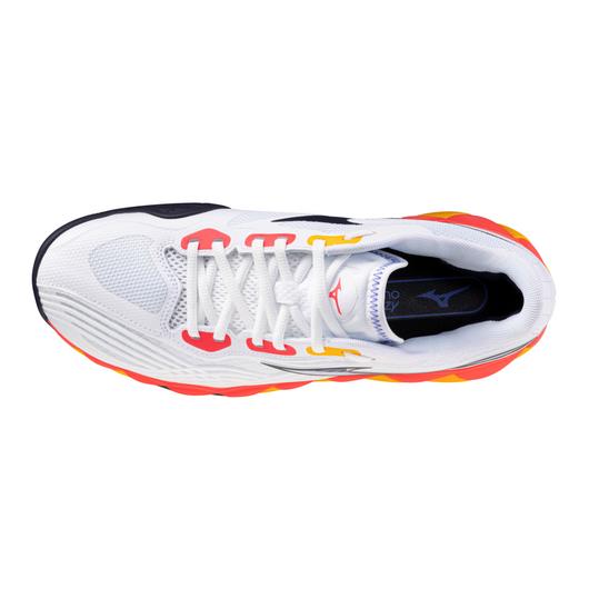 White running shoe with red and yellow accents on a white background