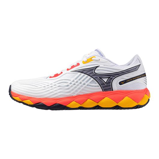 Load image into Gallery viewer, White running shoe with red and yellow sole on a white background
