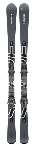 Pair of gray skis with black bindings on a white background