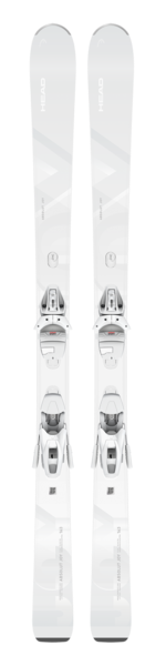 Pair of white skis with bindings on a white background