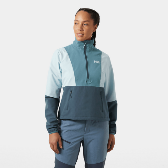 Person wearing a two-tone blue jacket and pants on a white background