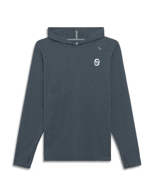 Gray hoodie with a logo on a white background
