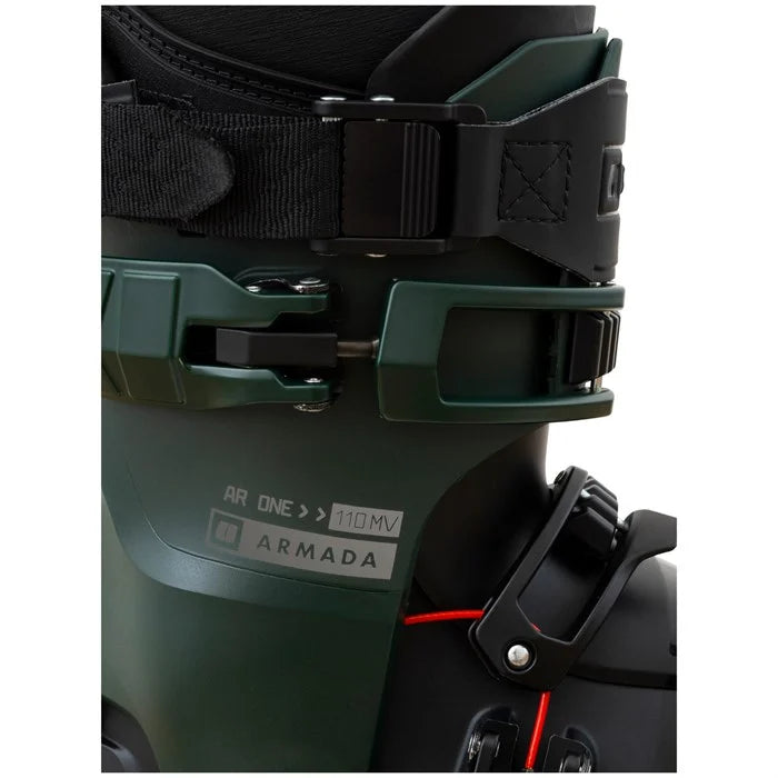 Load image into Gallery viewer, Close-up of a green ski boot with black straps and Armada branding.
