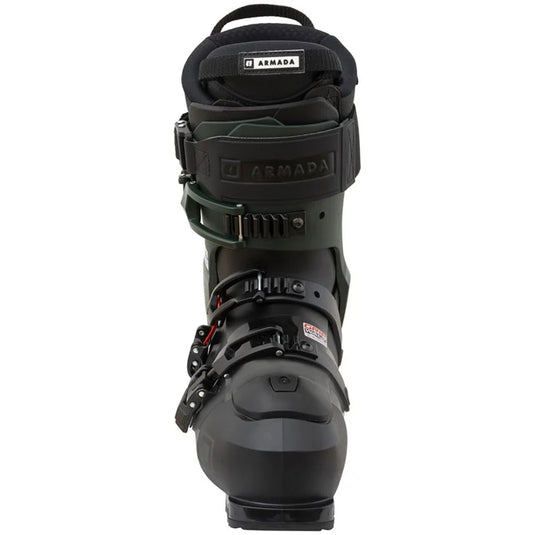 Black ski boot with Armada branding on a white background