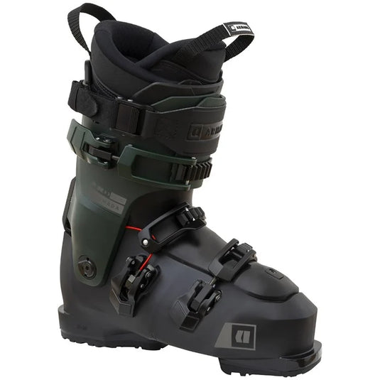 Black ski boot with multiple straps on a white background