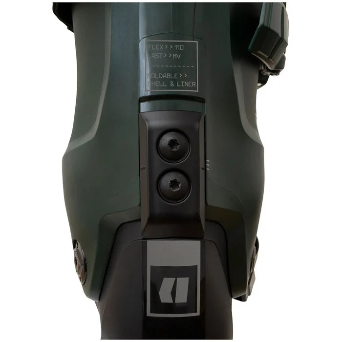 Load image into Gallery viewer, Close-up of a green and black ski boot with branding and specifications on a white background
