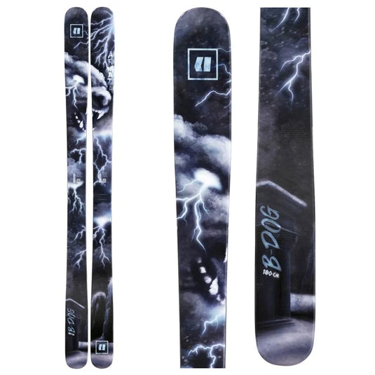 Pair of Armada skis with a black and gray design featuring lightning and clouds on a white background.