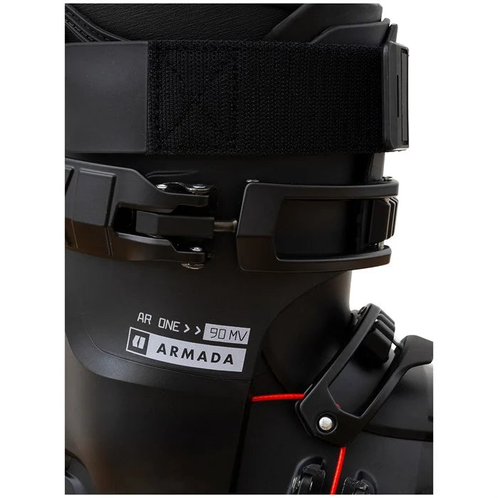 Load image into Gallery viewer, Close-up of a black ski boot with Armada branding on a white background
