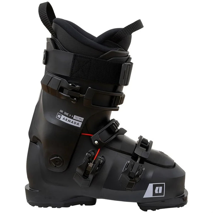 Black ski boot with Armada branding on a white background