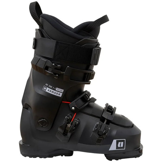 Black ski boot with Armada branding on a white background