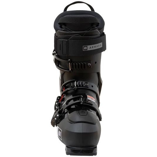Black ski boot with Armada branding on a white background