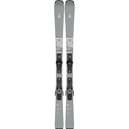 A pair of gray Atomic maven 78 alpine skis with black and gray bindings, shown vertically against a plain white background. Ski and Tennis Station