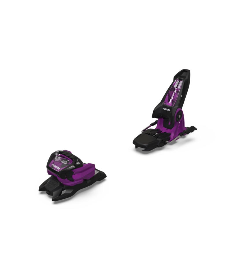 Load image into Gallery viewer, Pair of purple ski bindings on a transparent background

