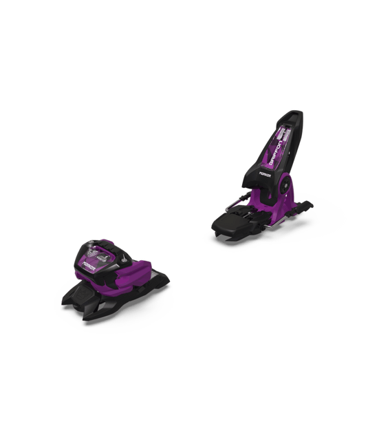 Pair of purple ski bindings on a transparent background