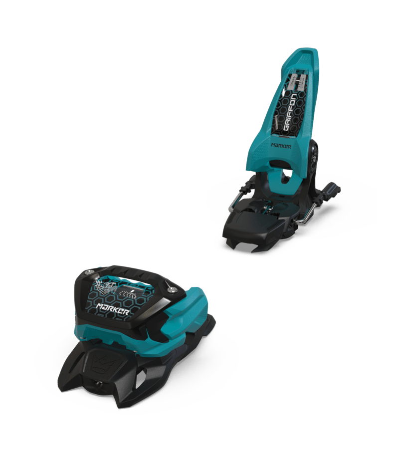 Load image into Gallery viewer, Two teal and black ski bindings on a white background
