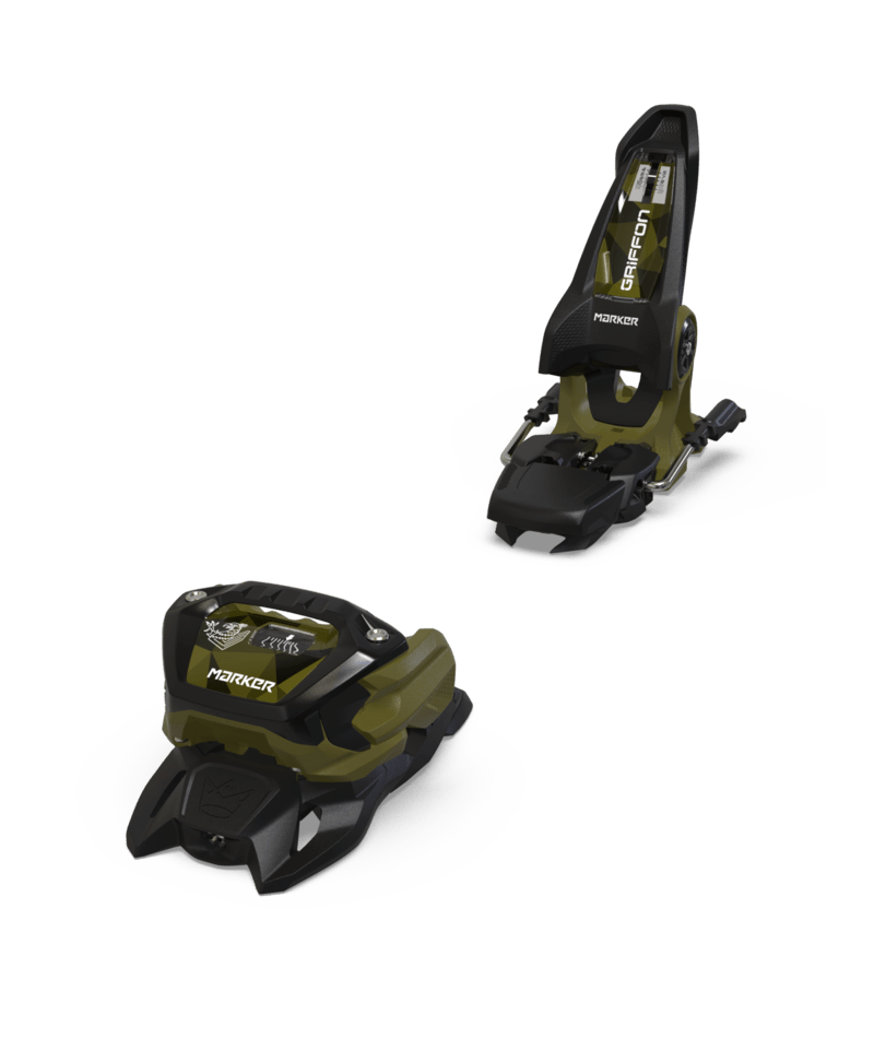 Load image into Gallery viewer, Two green and black ski bindings on a white background
