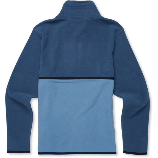 Blue fleece jacket with a color block design on a white background