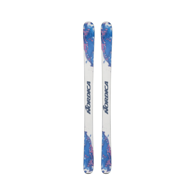 Load image into Gallery viewer, Two skis with blue and white design on a white background
