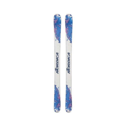 Two skis with blue and white design on a white background