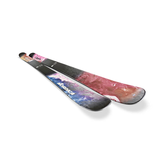 Pair of skis with a colorful design on a white background
