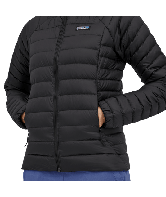 Black puffer jacket with Patagonia logo on a transparent background