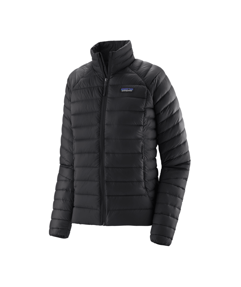 Load image into Gallery viewer, Black puffer jacket with Patagonia logo on a transparent background
