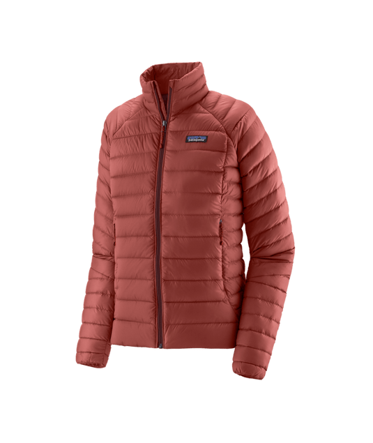 Red puffer jacket with a brand logo on a transparent background