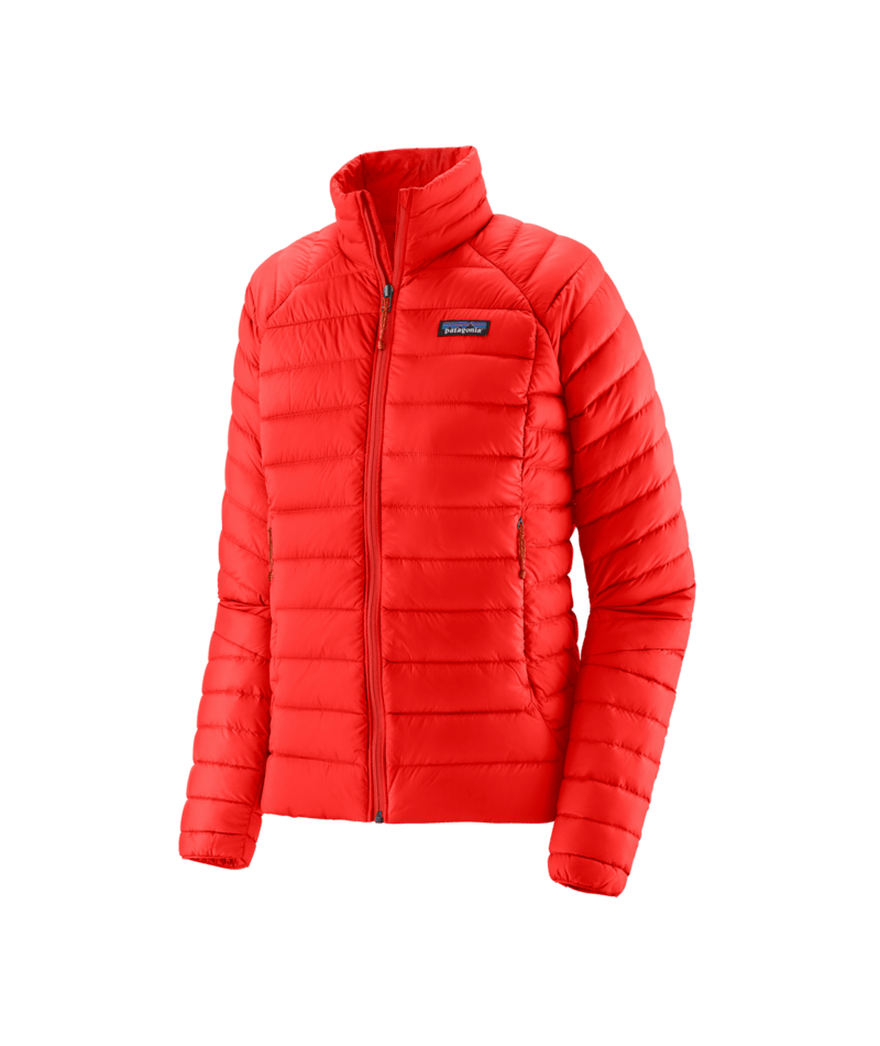Load image into Gallery viewer, Bright red puffer jacket with a brand logo on a transparent background
