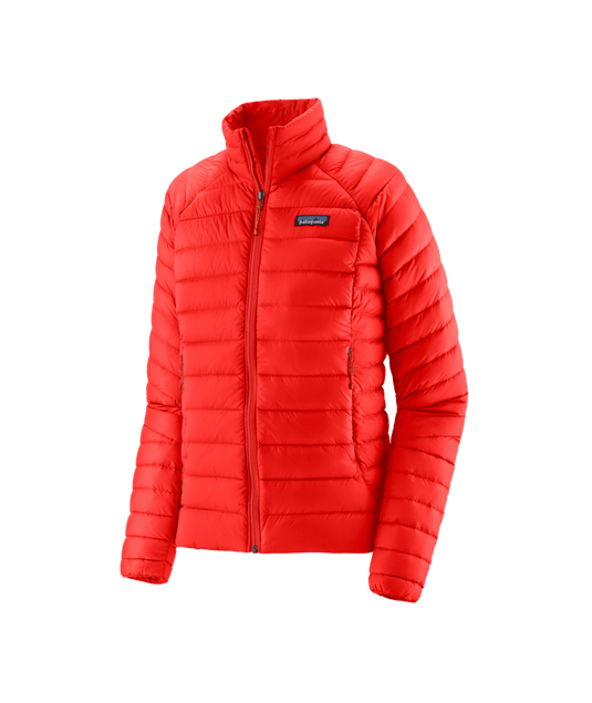 Bright red puffer jacket with a brand logo on a transparent background